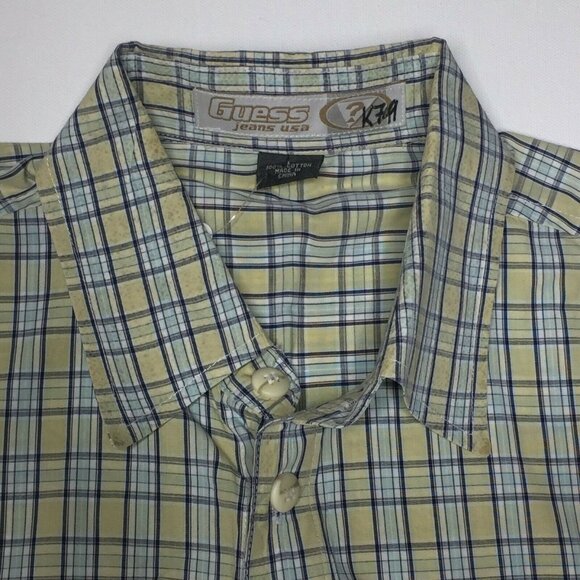 Vintage Guess Jeans Mens Plaid Blue Yellow Short Sleeve Button Shirt Size Large - Picture 4 of 10